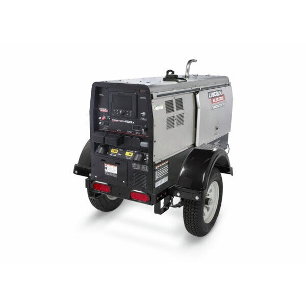 Lincoln Electric Frontier 400X Kubota Ready-Pak 1 engine-driven welder on two-wheel trailer with fenders