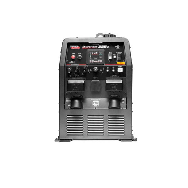 Lincoln Electric Maverick 325X Kubota engine-driven welder, front panel with 325A output dial and dual cable outlets