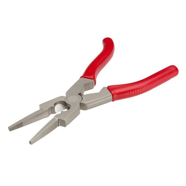 Lincoln Electric Radius welding pliers with serrated jaws, wire cutter notch, and red grip handles