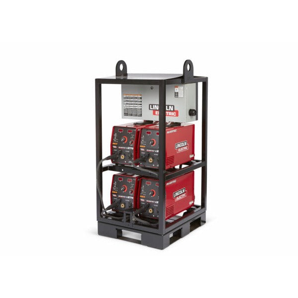 Lincoln Electric Invertec V276 4-pack rack with four red TIG welders stacked on black steel lift frame with power panel