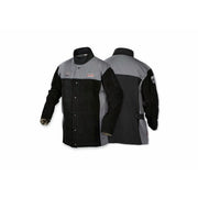 Lincoln Electric XVI Series split leather FR welding jacket gray and black two-tone front and back views
