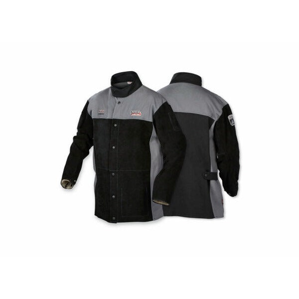 Lincoln Electric XVI Series split leather FR welding jacket gray and black two-tone front and back views