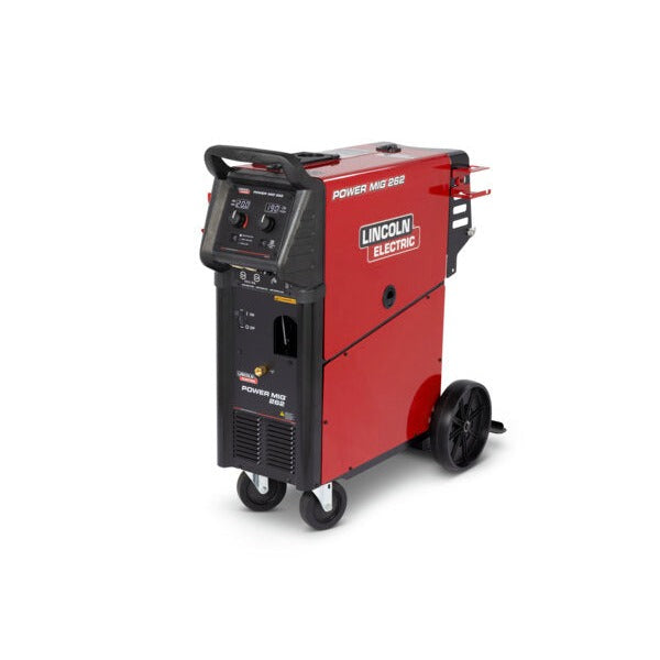 Lincoln Electric Power MIG 262 MIG welder, red and black cart-mounted unit on wheels, 300 amp welding machine