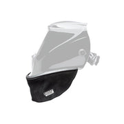 Lincoln Electric split leather helmet bib with press-fit seal shown attached to welding helmet shell