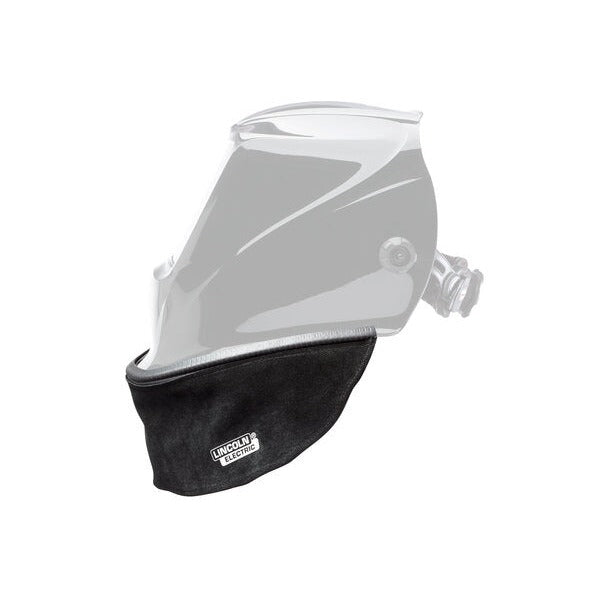 Lincoln Electric split leather helmet bib with press-fit seal shown attached to welding helmet shell