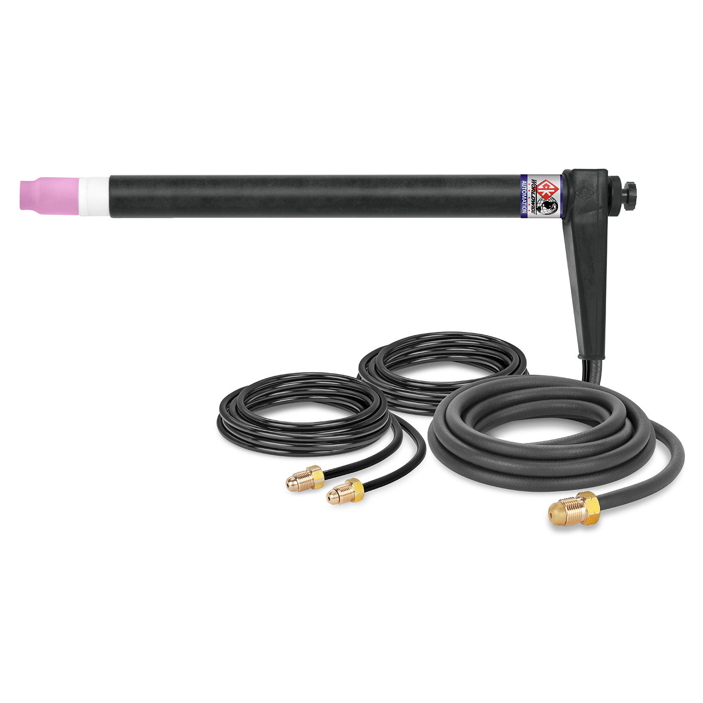 CK Worldwide 500 amp machine torch with black handle, purple cup and three coiled hoses with brass fittings - machine torch