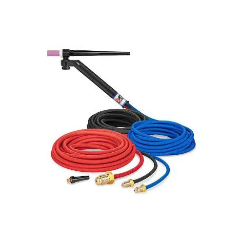 CK FL2325SF 230A Flex-Loc water-cooled TIG torch, black handle, pink cup, red, black, and blue hose coils with gold fittings