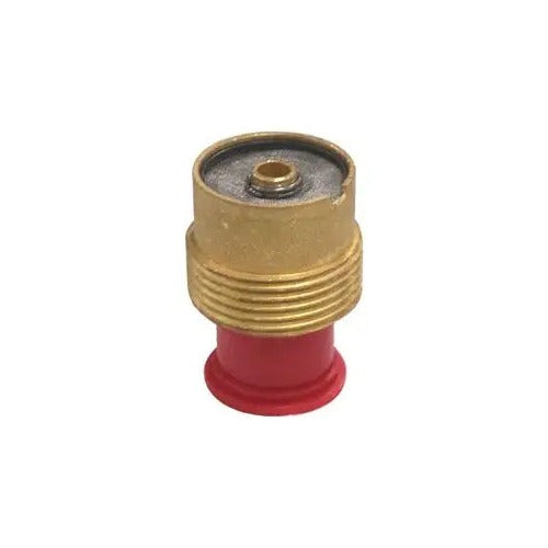 CK gas lens 5/32" brass body with mesh diffuser screen and red-tipped copper shank, 5-series TIG torch gas lens