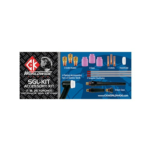 CK SGL-KIT Stubby Gas Lens accessory kit with collet bodies, cups, collets, tungsten electrodes and back caps, TIG torch kit