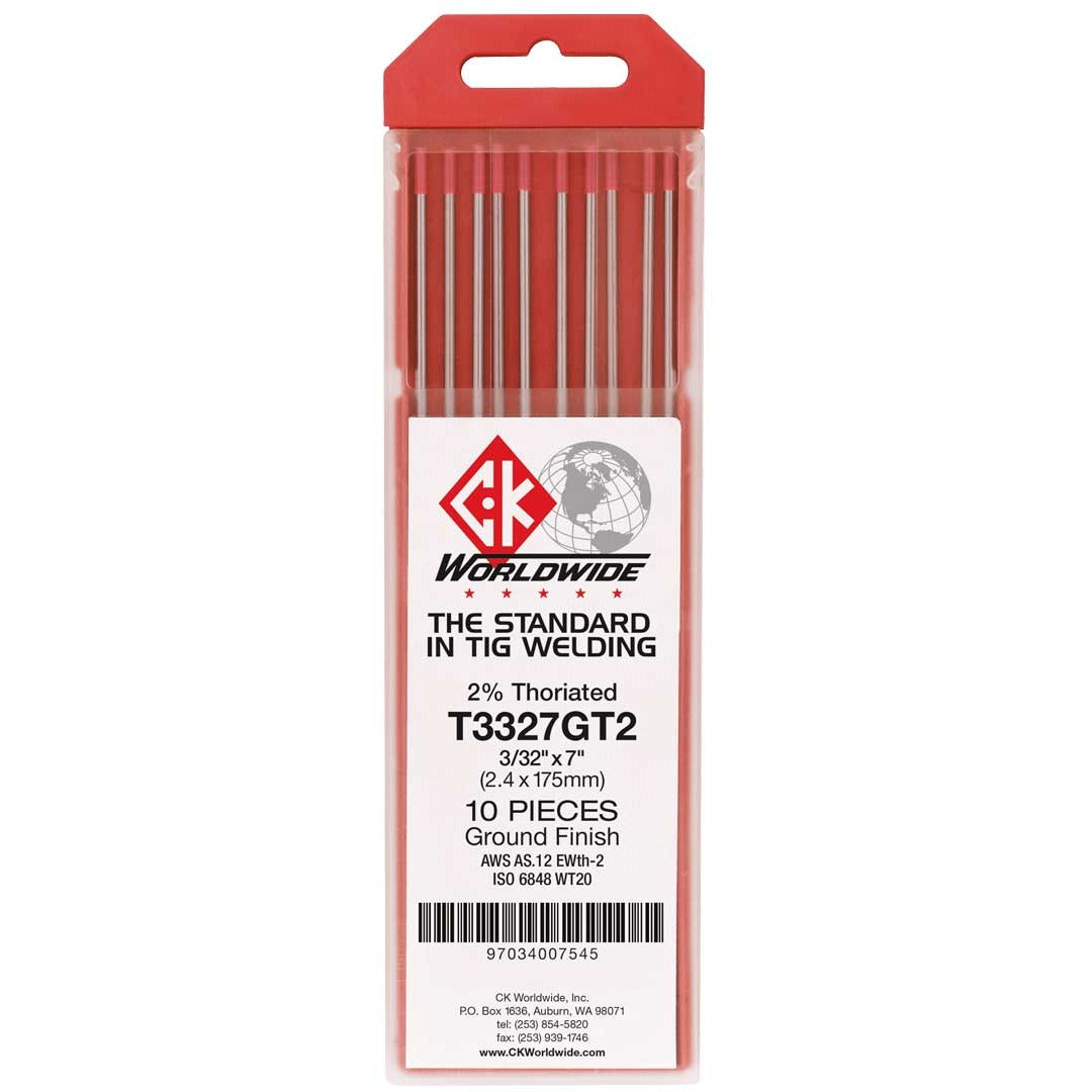 CK Worldwide T3327GT2 2% thoriated tungsten electrode 10-pack, red package with silver rods, tig electrode