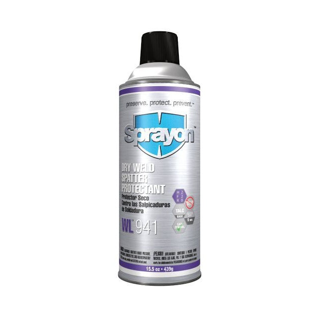 Sprayon WL941 dry weld spatter protectant aerosol 15.5oz 439g talc-based silver can with purple label anti-spatter spray