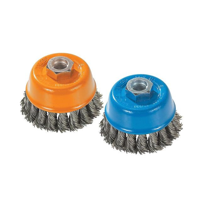 Walter 13F354 3" x .020" x 5/8"-11 knot-twisted wire cup brush, orange and blue cups with .020" twisted wire, wire cup brush