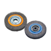 Walter 13B082 8-inch x 1/2-inch bench wheel brush with crimped steel wires, orange and blue flanged hubs shown