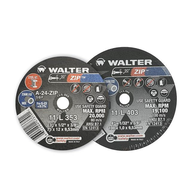 Walter 11L423 Zip 4x1/8x3/8in cut-off wheel pair, A-24-ZIP stainless steel rated, max RPM 19100