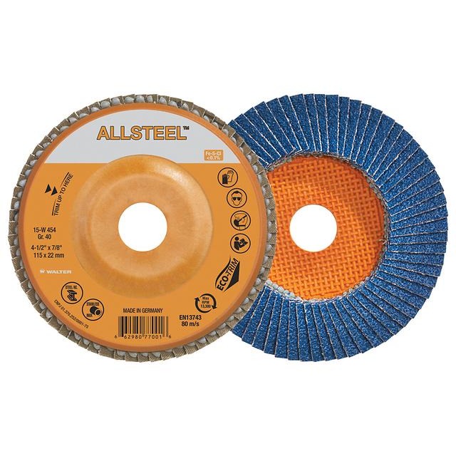 Walter 06W462 ALLSTEEL spin-on flap disc 4.5in 120 grit orange EcoTrim hub fine blue alumina flaps