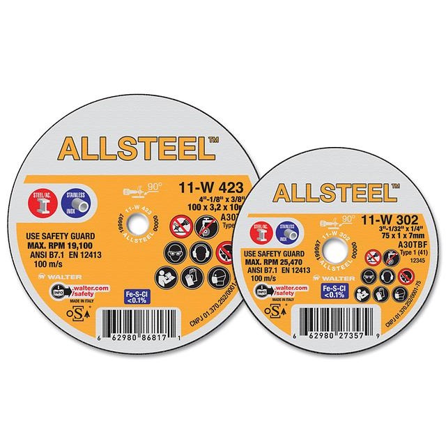 Walter 11W402 ALLSTEEL mini cut-off wheel 4" x 1/32" x 1/4", A30TBF, max 19,100 RPM, orange label, mini cut-off wheel