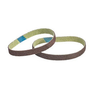 Walter Blendex file belts, two narrow non-woven abrasive sanding belts in brown with green backing for file belt grinder