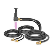 CK Worldwide machine torch head with purple ceramic cup and three coiled hoses with brass fittings - machine TIG torch