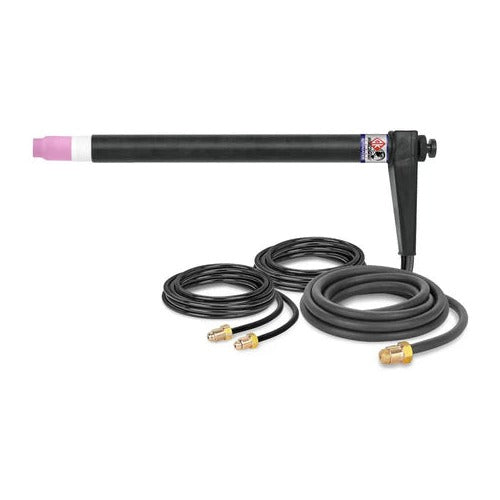 CK Worldwide 500 amp 18 inch body machine torch head close-up with copper water line and purple ceramic cup - machine torch