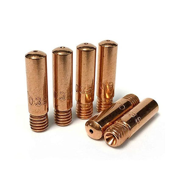 Weldcote CTIP66 MIG contact tip 0.035 in copper threaded six-piece set shown upright and horizontal MIG contact tip