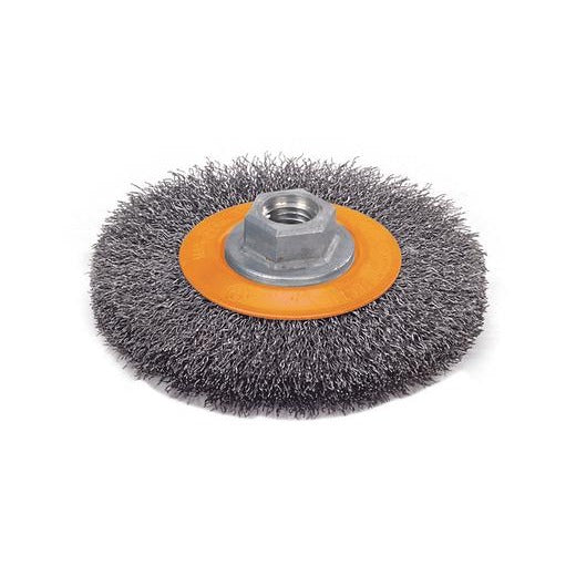 Walter 13J454 4.5" x 5/8" crimped steel wire wheel brush, flat orange disc hub with dense crimped wire fill, wire wheel brush