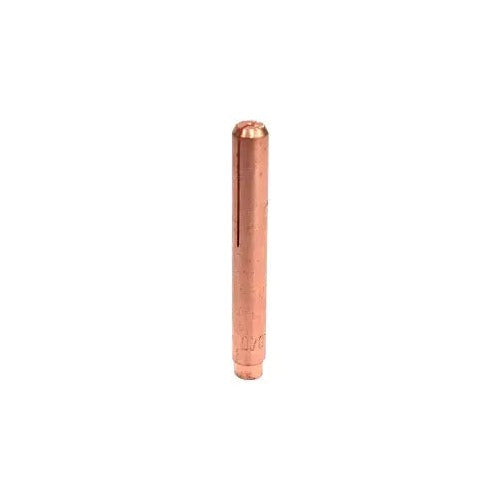 CK 13N21L copper TIG collet 0.040" (1.0mm) long design, extended cylindrical body with slotted tip and hex base