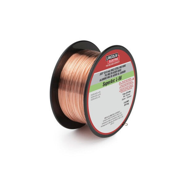 Lincoln Electric SuperArc L-56 MIG wire 0.035 in 2 lb plastic spool, copper-coated mild steel wire, green stripe label