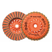 Walter 15I451 Enduro-Flex Turbo 4.5 inch 2-in-1 flap disc, orange spin-on 5/8-11 arbor, dual-sided view, 5-degree angle