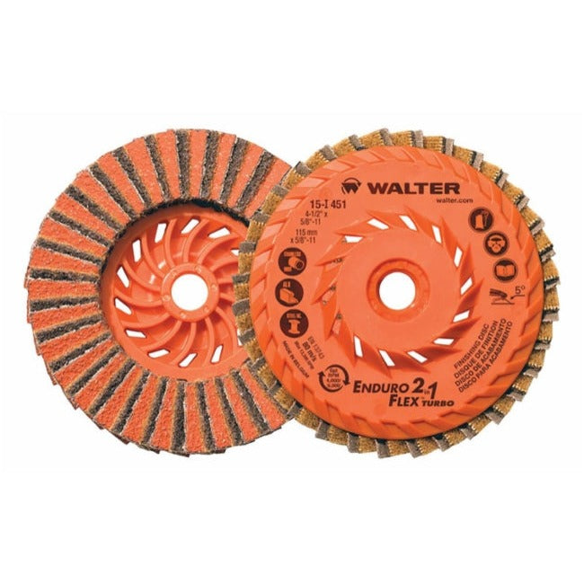 Walter 15I501 5-inch Enduro-Flex 2-in-1 Turbo spin-on orange flap disc, front and back views shown, flap disc