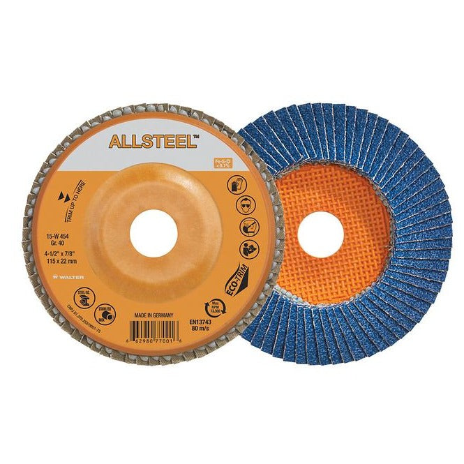 Walter 15W712 ALLSTEEL 7" x 7/8" 120 grit orange and blue zirconia flap disc made in Germany