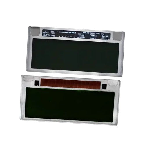Techniweld Clairvoyant 3.0 variable shade welding lens shade 5-13 front and back view, auto-darkening welding lens