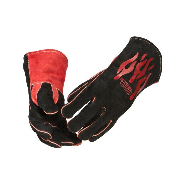 Lincoln Electric K2979 traditional MIG/Stick welding gloves, black split leather with red flame embroidery, gauntlet cuff