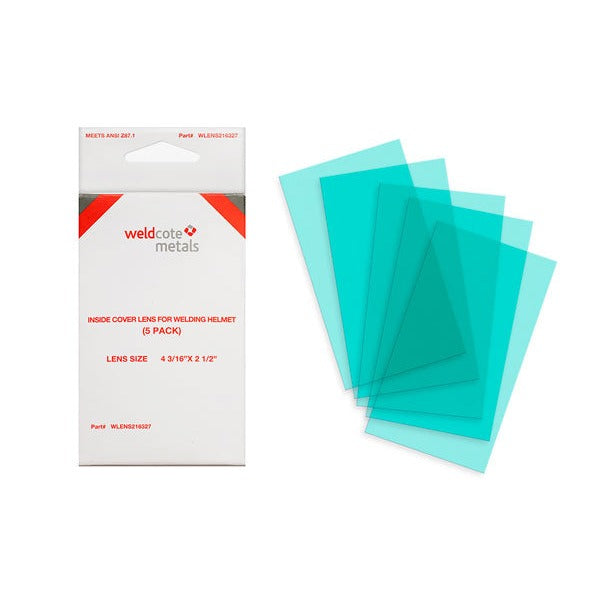 Weldcote WLENS231410 inside cover lens 4-1/4x1-3/4 in 5-pack box with five teal plastic lenses fanned out