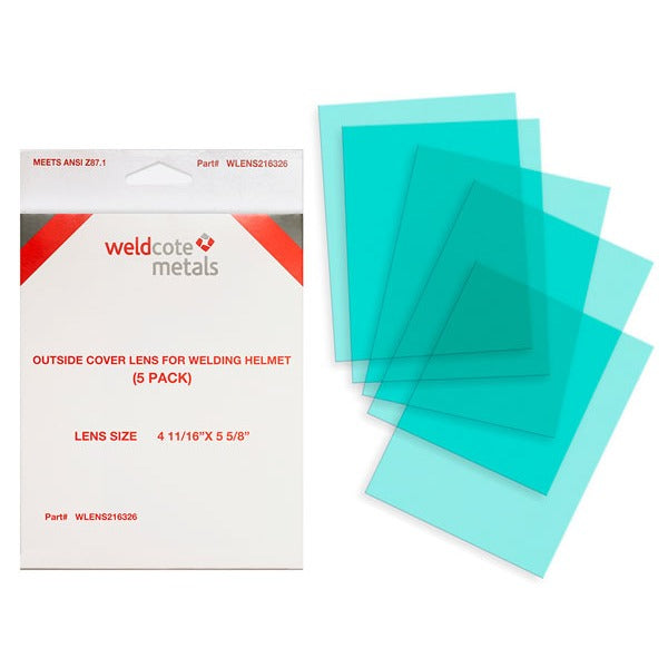 Weldcote WLENS231921 outside cover lens 4-1/2x5 in 5-pack with white box and five teal lenses displayed