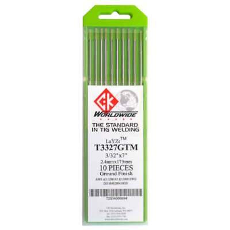 CK Worldwide LaYZr T3327GTM 3/32" tungsten electrode 10-pack in green retail packaging with green tips, TIG welding electrode