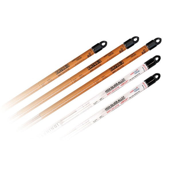 Weldcote ER70S-6 TIG welding rod .045x36 in 1 lb tube, five copper-toned labeled rods fanned on white