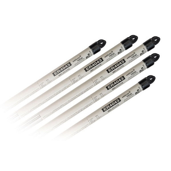 Weldcote ER4043 aluminum TIG welding rod 1/8x36 in 1 lb tube, five silver-white labeled rods fanned out