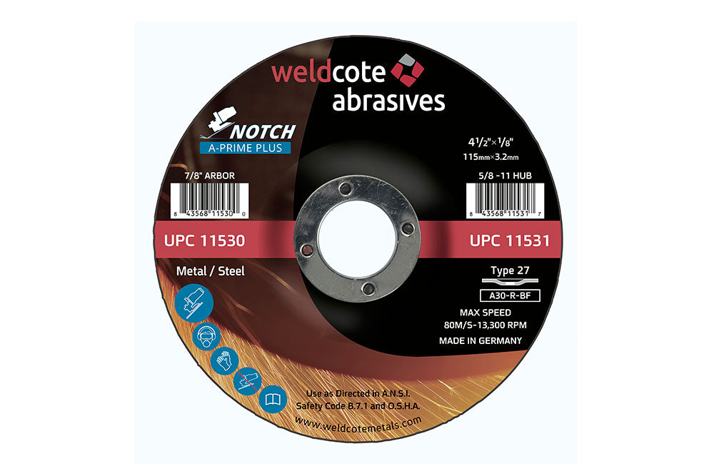 Weldcote 11531 Notch A-Prime Plus grinding wheel 4-1/2x1/8x5/8-11 T27 A30-R-BF metal steel black disc