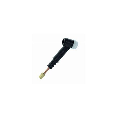 CK Worldwide 150A gas-cooled flexible TIG torch head with white cap and copper connector, angled torch body