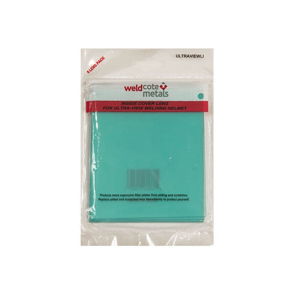 Weldcote ULTRAVIEWLI Ultra-View inside cover lens 5-pack in clear poly bag showing stacked teal lenses