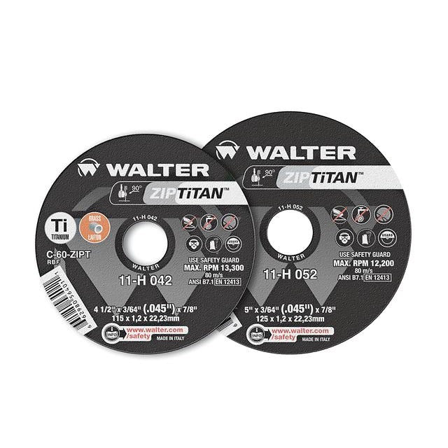 Walter 11H052 Zip Titan 5x3/64x7/8in cut-off wheel pair, titanium C-60 grade, max RPM 12200 for brass
