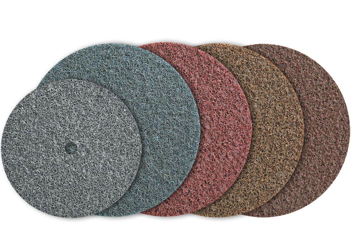 Walter 07R504 Quick-Step Blendex 5" fine surface conditioning disc, teal non-woven fibre pad shown, abrasives
