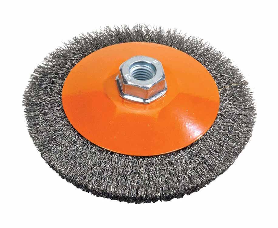 Walter 13H554 5" x .012" x 5/8"-11 crimped wire saucer cup brush, 5" flat orange disc with crimped wire, saucer cup brush