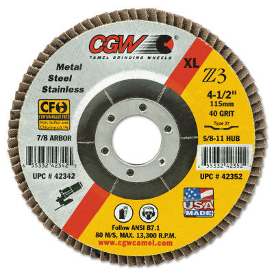 CGW Premium Z3 Reg T29 Flap Disc, 5", 36 Grit, 7/8 Arbor, 12,200 rpm