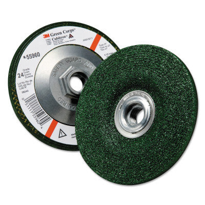 3M Green Corps Depressed Center Wheel, 4 1/2 in Dia, 1/4 Thick, 5/8 Arbor, 24 Grit