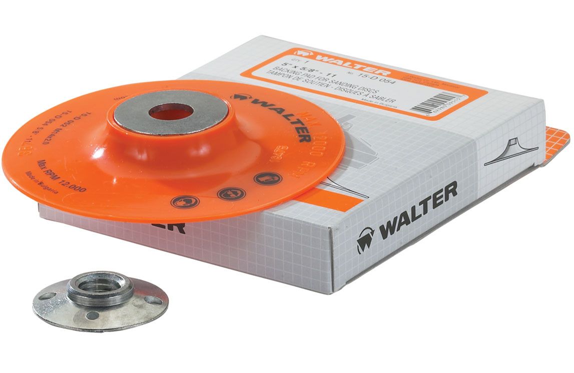 Walter 15D064 Backing Pad Assembly 6" x 5/8"-11, orange plastic disc with clamping nut and retail box, backing pad