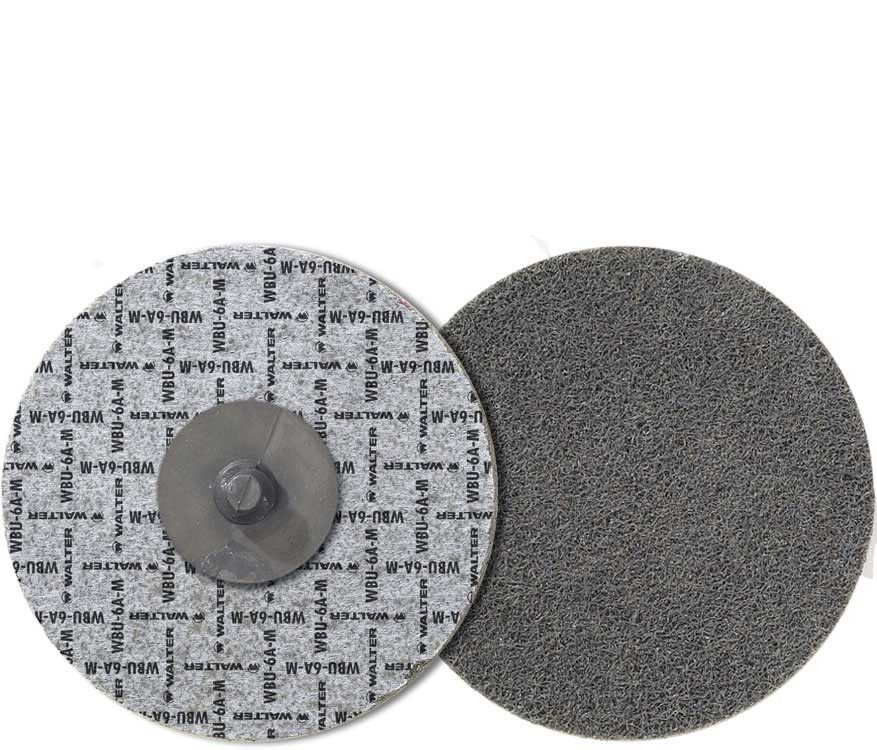 Walter 04U323 3in 6AM Twist Blendex U Disc, gray nonwoven abrasive, WBU-6A-M branded backing, metal arbor, conditioning disc