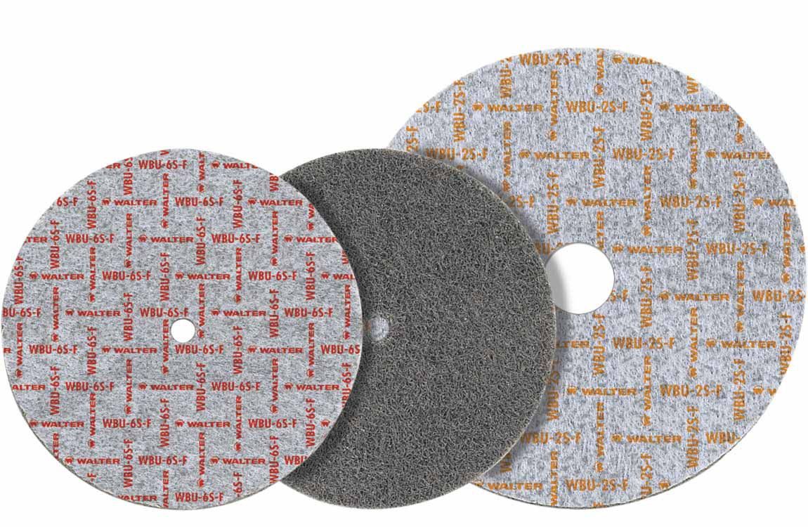 Walter 07U321 Blendex U Wheel 3" x 1/4" x 3/8" 2SF nonwoven abrasive disc, WBU-2S-F label, three sizes shown