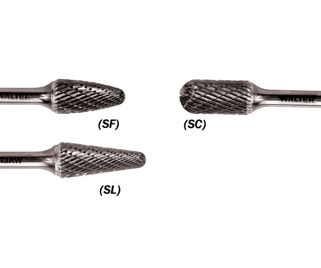 Walter 01V034 tungsten carbide tree burr, 1/4" shank, shown with SF, SC, SL shape variants on white background, carbide burr