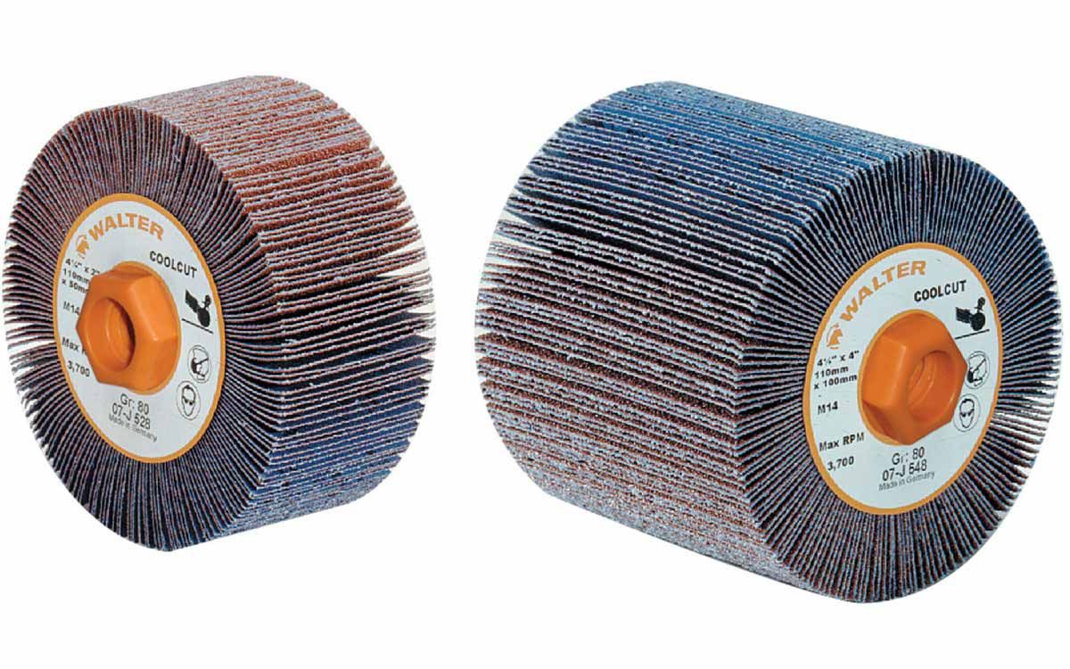 Walter 07J428 Coolcut flap drum 4-1/4x2in 80 grit M14 arbor orange hub alternating blue red abrasive flaps